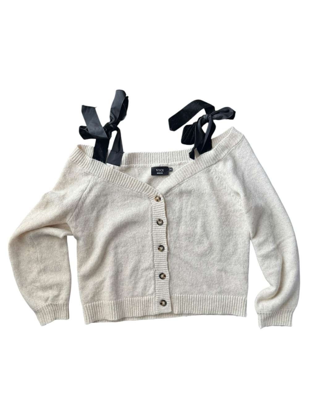 Vici Cream Off-Shoulder Button-Front Sweater with Black Bow Straps Size M - Picture 5 of 11